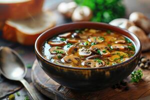 würzig Pilz Suppe mit im ein Schüssel. foto