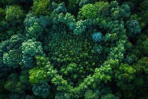 Drohne Aussicht zu Wald im gestalten von Herz. Ökologie, Natur Schutz, Biodiversität und Klima Veränderung foto