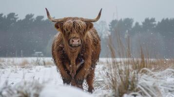 Hochland Kuh im ein schneebedeckt Feld suchen beim Kamera foto