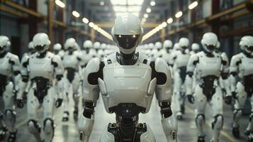 ein Gruppe von autonom Roboter. Verschiebung von Arbeit durch künstlich Intelligenz. Zukunft von Herstellung. foto