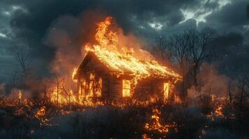 Haus verschlungen im Flammen beim Nacht foto