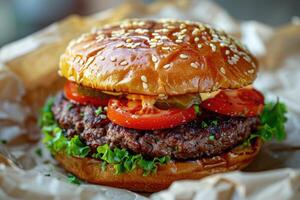 saftig Burger mit frisch Zutaten auf Weiß zerknittert Backen Papier. foto