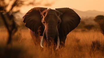 afrikanisch Elefant und das Rahmen Sonne mit das ikonisch Savannen im das Hintergrund foto