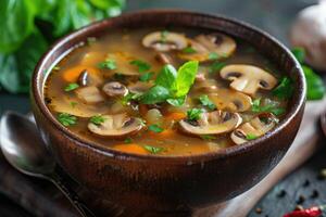 würzig Pilz Suppe mit im ein Schüssel. foto