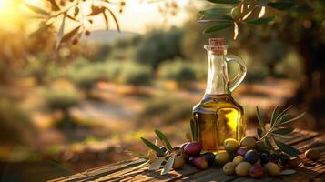 organisch gesund Olive Öl Konzept Bild. ein Glas Flasche von Olive Öl foto