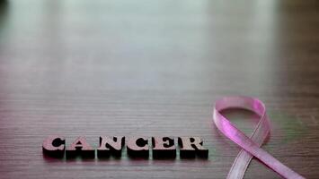hölzern Hintergrund Bild Brust Krebs Bewusstsein ist gefeiert im Oktober Monat. das Inschrift mit das Symbol ist ein Rosa Schleife. Nahansicht foto