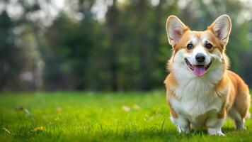 Corgi Hund mit süß Gesicht Sitzung auf Gras mit verwischen Baum Hintergrund foto