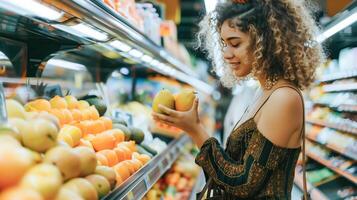 ein jung Frau erforscht ein beschwingt Obst Markt, pflücken oben frisch produzieren mit Begeisterung. . foto