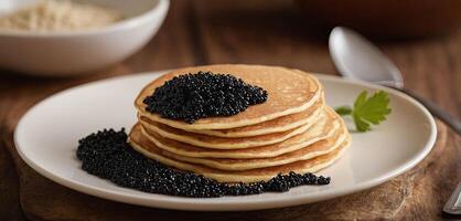 Pfannkuchen mit Kaviar zum Frühstück Markieren Luxus Morgen Mahlzeit. golden Stapel von dünn Pfannkuchen oder blini gekrönt mit schwarz Kaviar foto