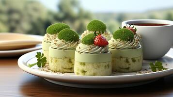 Matcha Törtchen Gebäck Dessert Snack zum Tee Zeit foto