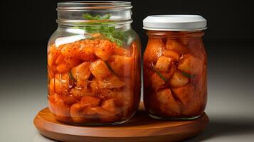 Kimchi auf Krug traditionell Gemüse fermentiert Essen foto