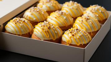 Krapfen Sahne Belag und Box Kuchen Dessert foto