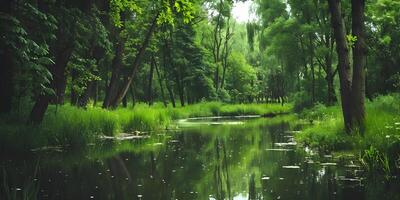 still Fluss fließt durch grün Wald foto