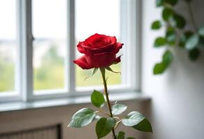 Nahansicht von ein rot Rose mit Grün Blätter, gegen ein unscharf Hintergrund von ein Zimmer mit groß Fenster foto