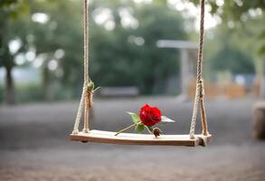 ein hölzern schwingen mit Seile und ein rot Rose auf Es, mit ein verschwommen Hintergrund zeigen zwei Menschen Sitzung schließen zusammen foto