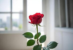 Nahansicht von ein rot Rose mit Grün Blätter, gegen ein unscharf Hintergrund von ein Zimmer mit groß Fenster foto