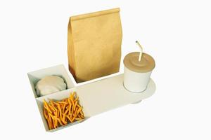 Fast-Food-Verpackungsset. Papierkaffeetassen in Halter, Lebensmittelbox 3D-Rendering.