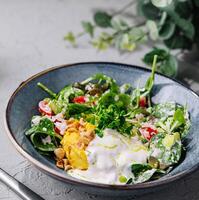 frisch Garten Salat mit Joghurt Dressing auf texturiert Tabelle foto