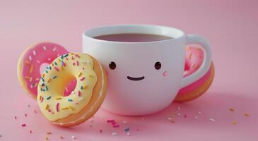 ein Tasse von Kaffee und zwei Donuts mit Sträusel foto