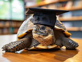 ein Schildkröte tragen ein Junggeselle Deckel zum Abschluss Konzept. foto