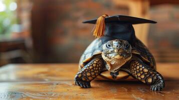 ein Schildkröte tragen ein Junggeselle Deckel zum Abschluss Konzept. foto