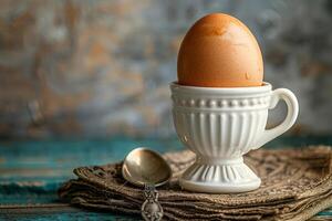 ein gekocht Ei im ein Ei Tasse zum Frühstück auf ein hölzern Oberfläche. foto