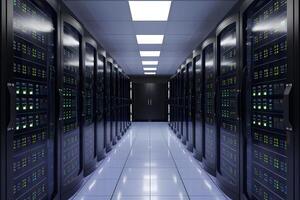 futuristisch Infrastruktur Daten Center Anzeigen Netzwerk Server im ordentlich Reihe foto