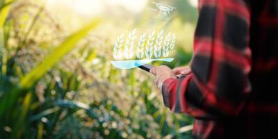 ui Hologramm Landwirtschaft und modern Technologie Farmer mit Clever Landwirtschaft Technologien mit ai foto