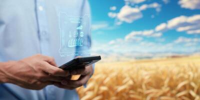 ui Hologramm Landwirtschaft und modern Technologie Farmer mit Clever Landwirtschaft Technologien mit ai foto