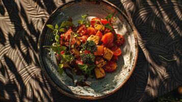 Vegetarier Freuden, bunt Küche auf Keramik Teller foto
