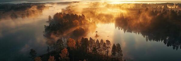 Nebel See und Wald Landschaft, Antenne Aussicht foto