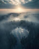 Nebel See und Wald Landschaft, Antenne Aussicht foto