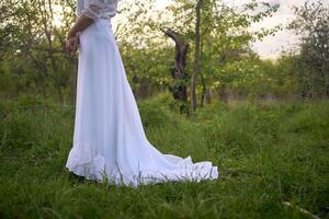 schön Frau im Weiß Jahrgang Kleid mit Zug im Frühling Garten beim Sonnenuntergang foto