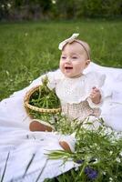 Baby Mädchen kriecht auf Decke beim Picknick foto