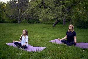 ein Frau und Mädchen tun Yoga und meditieren im Natur foto