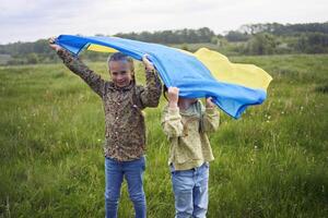 zwei wenig Mädchen im das Feld unter das ukrainisch Flagge im Regen foto