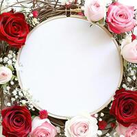 ein Stickerei Band Kranz mit Rot, Rosa, und Weiß Rosen und Babys Atem Blumen auf ein Weiß Hintergrund. foto