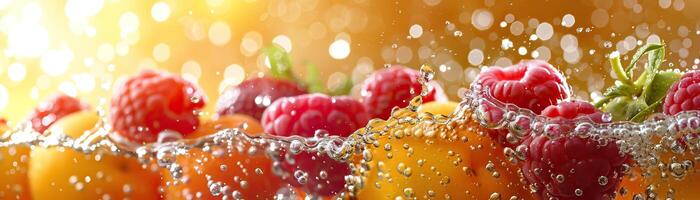 Himbeeren und Orange Scheiben im Wasser mit ein Spritzen foto