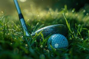 Nahansicht von ein Golf Ball und Verein auf das Grün Gras mit Morgen Tau foto