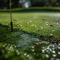 Regentropfen fallen auf ein Golf Putten Grün foto