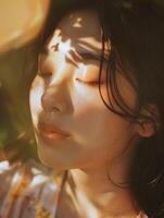 Nahansicht Porträt von ein schön asiatisch Frau mit lange dunkel Haar und ihr Augen geschlossen. foto