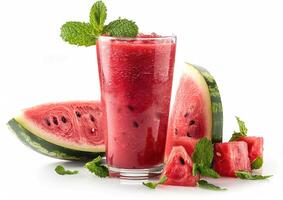 frisch Wassermelone Saft im ein Glas. das Glas ist platziert zwischen Wassermelone Scheiben. das Foto ist genommen von ein Seite Winkel.