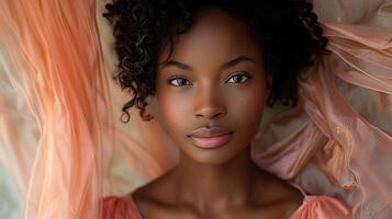 Nahansicht Porträt von ein schön jung Frau mit makellos Haut und lockig Haar. foto