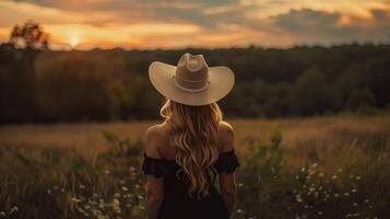 Mädchen tragen Cowboy Hut im das Mitte von ein Feld Aufpassen das Sonnenuntergang foto