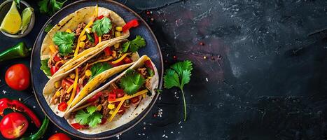Rindfleisch Tacos mit frisch Gemüse und Gewürze auf ein schwarz Platte. foto