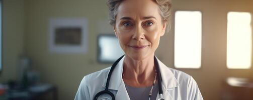 ein Foto von ein weiblich Arzt lächelnd beim das Kamera