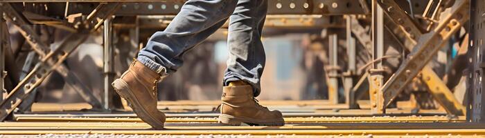 ein Arbeiter tragen braun Stiefel Spaziergänge auf ein Metall Struktur foto