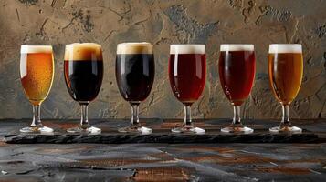 ein Vielfalt von Biere im anders Brille auf ein hölzern Tisch. foto