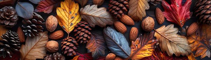 ein Nahansicht oben Aussicht von ein bunt Sortiment von Herbst Blätter, gemischt mit Mandeln und Kiefer Zapfen, Fokus auf das Reich Texturen, einstellen gegen ein stumm, dunkel Hintergrund, Bereitstellung ein breit foto