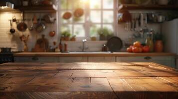 robust hölzern Tabelle mit ein Küche Szene Hintergrund, Ideal zum Anzeigen Küche Produkte oder Essen, mit ein verschwommen Zimmer zum hinzugefügt Fokus auf das Vordergrund foto